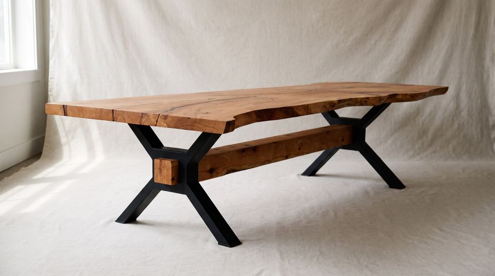 Live-edge slab table on steel X-legs