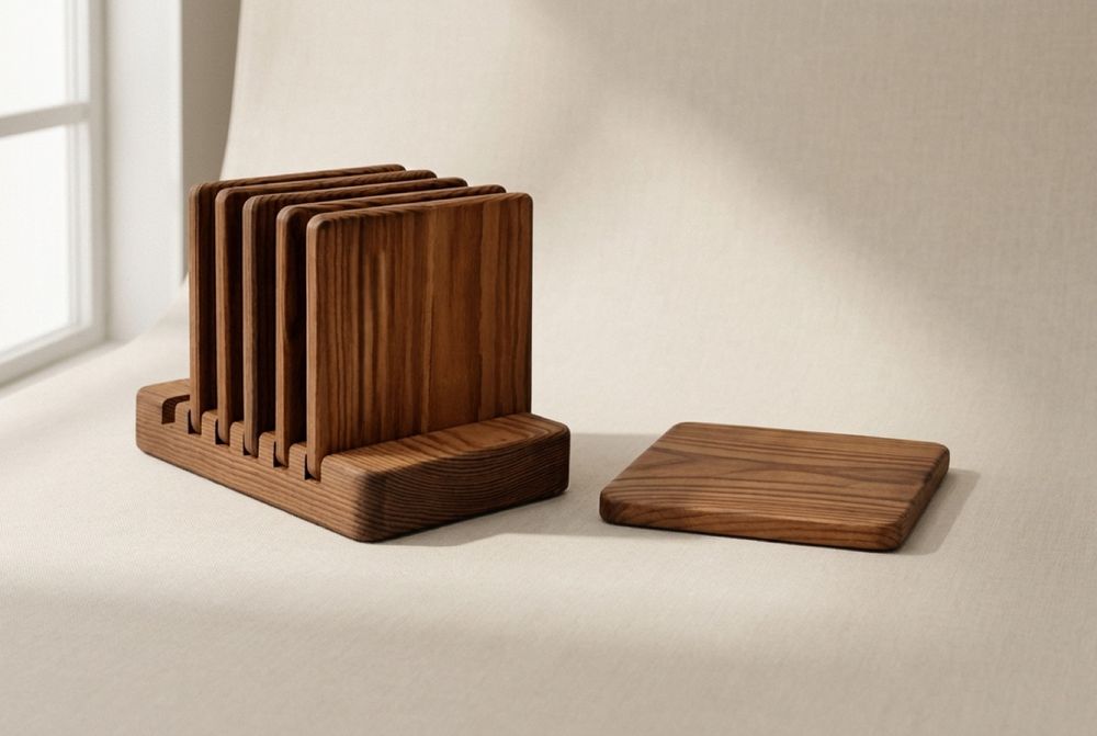 Six square coasters in their milled stand