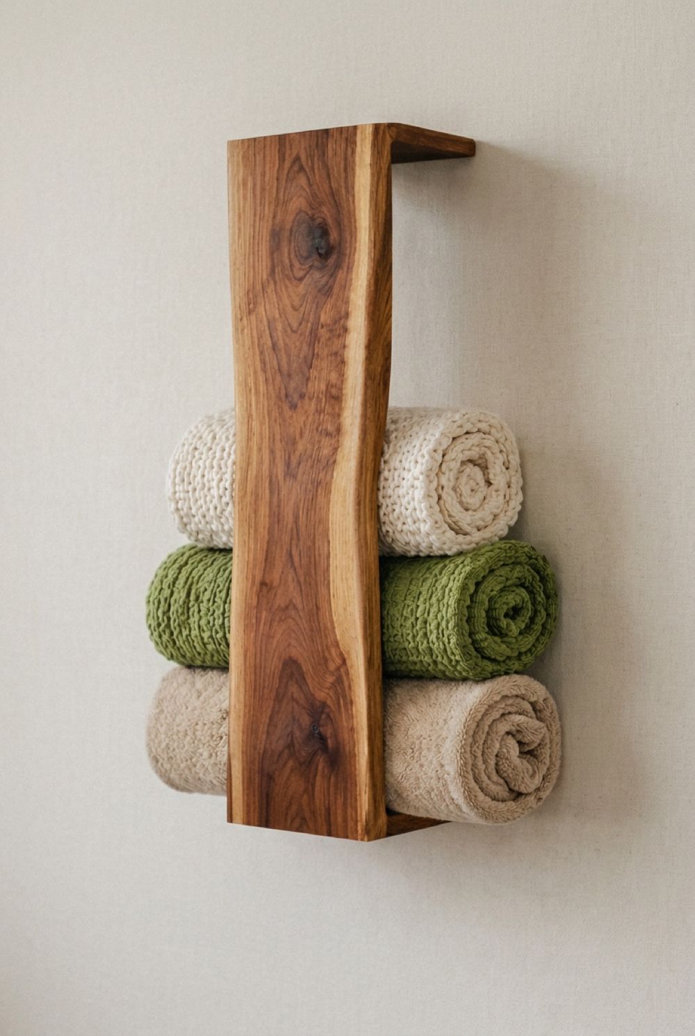 Live-edge wall rack holding three rolled towels