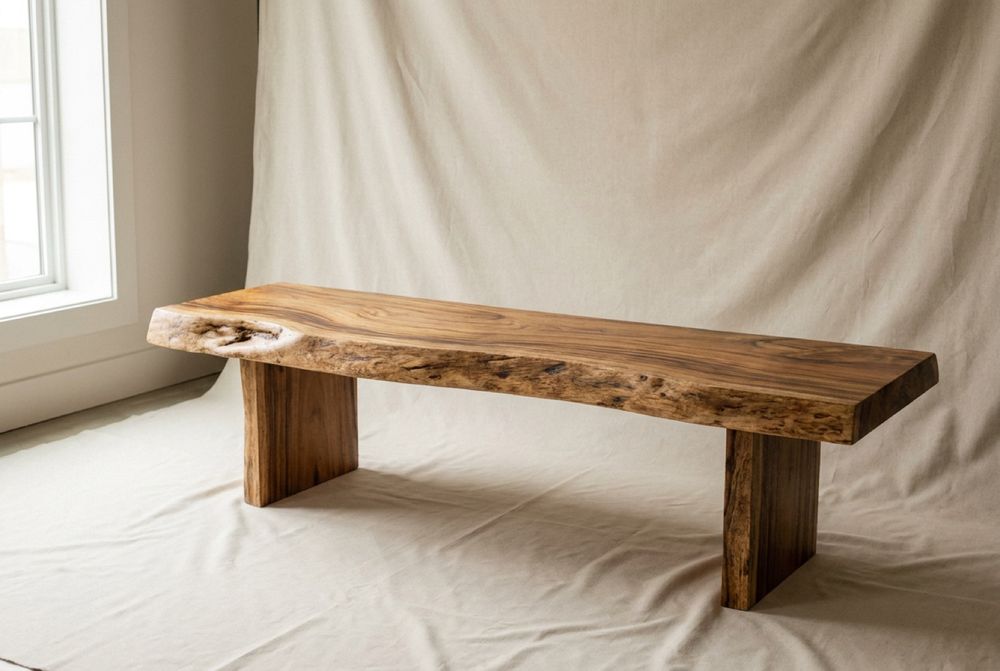 Live-edge bench on plank legs of the same wood
