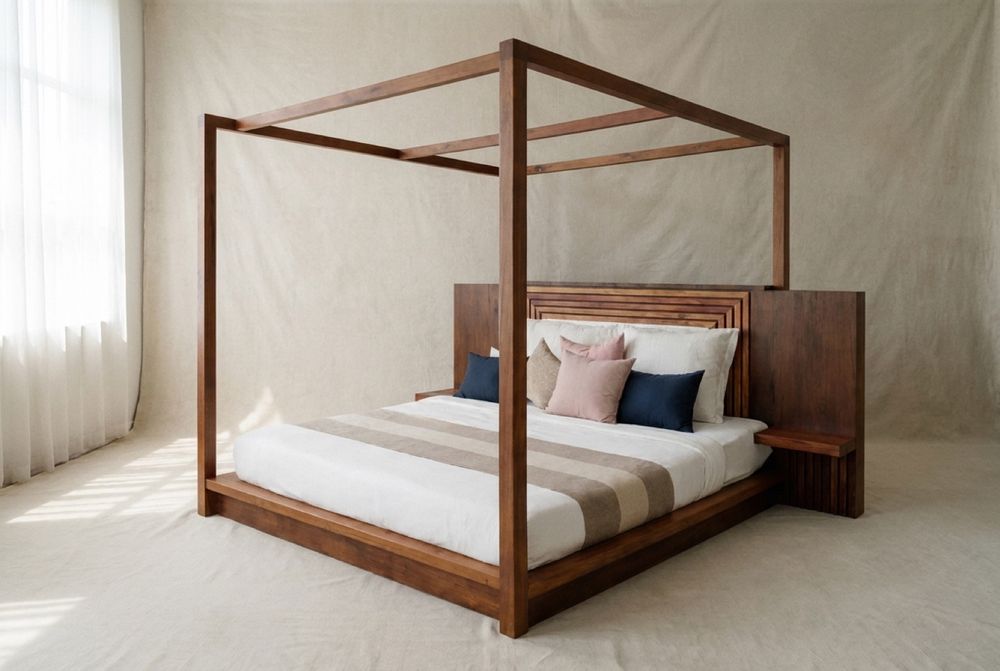 Four-poster canopy bed, stepped headboard