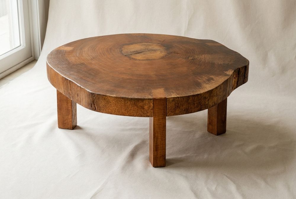 Round cross-cut slab table on four square wood legs