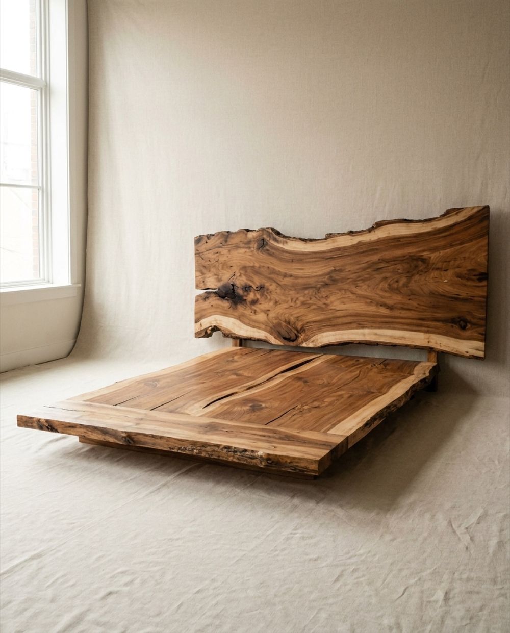 Low platform bed under a wide live-edge slab headboard