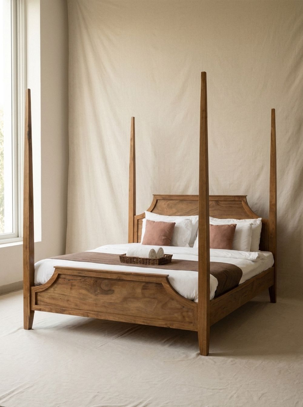 Four-poster bed with slender tapered posts and panel boards