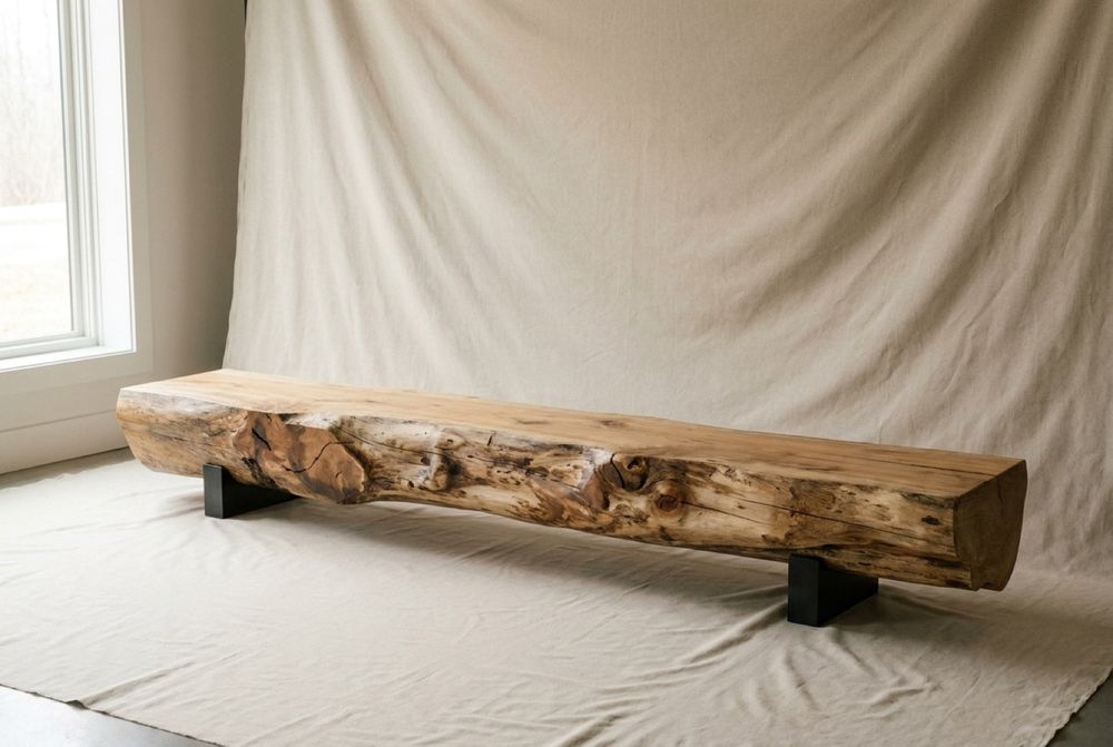Whole log planed flat on top, on black steel blocks