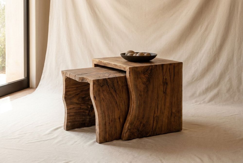 Two waterfall-edge nesting tables, shown nested